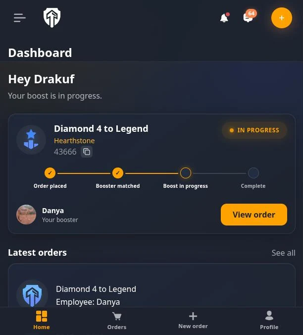BuyBoostings kunddashboard som visar en pågående boost-beställning med förloppssteg och booster-chatt